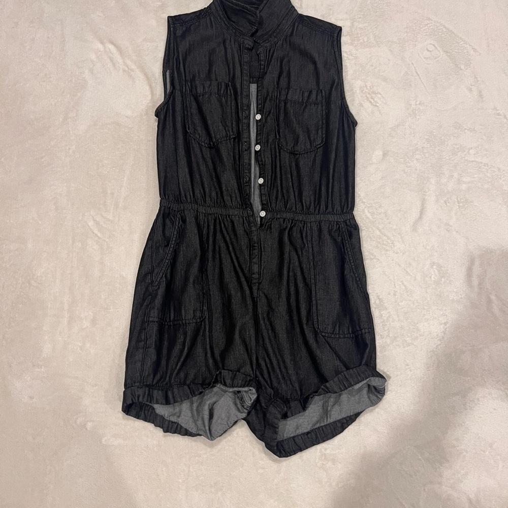 Pact Black Denim Sleeveless Romper with Button Front